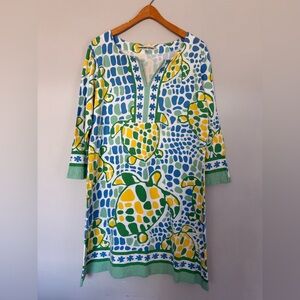 Barbara Gerwit Bright Turtle Print Tunic Dress in Blue, Green & Yellow